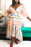 Colorful Fashion Casual Hubble-Bubble Sleeve Half Sleeve V Neck Printed Dress Mid Calf Striped Print Dresses