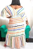 Colorful Fashion Casual Hubble-Bubble Sleeve Half Sleeve V Neck Printed Dress Mid Calf Striped Print Dresses