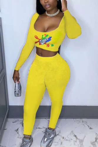 Yellow Fashion Casual Adult Print Patchwork Square Collar Long Sleeve Regular Sleeve Short Two Pieces