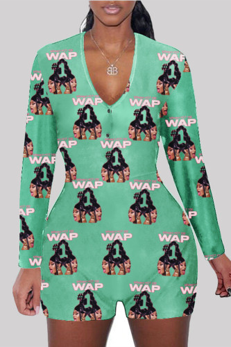Green Fashion Adult Living Print Letter V Neck Skinny Rompers