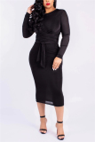 Black Fashion Sexy Milk Fiber Solid Patchwork O Neck Long Sleeve Mid Calf Pencil Skirt Dresses