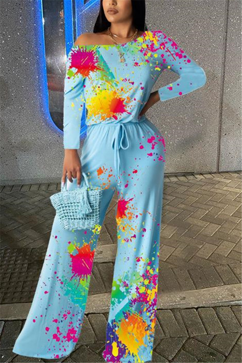 

Blue Fashion Casual Oblique Collar Long Sleeve Regular Sleeve Regular Print Jumpsuits