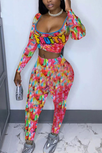 colour Fashion Casual Adult Print Patchwork Square Collar Long Sleeve Regular Sleeve Short Two Pieces