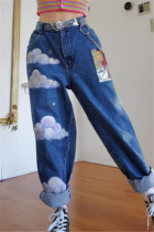 Blue Fashion Casual Straight Print Jeans (Without Belt)