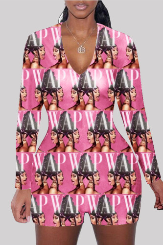 Pink Fashion Adult Living Print Letter V Neck Skinny Rompers