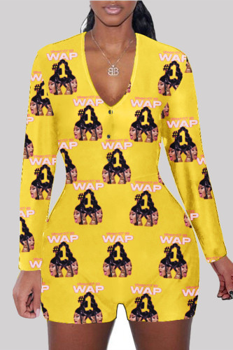Yellow Fashion Adult Living Print Letter V Neck Skinny Rompers
