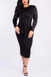Wine Red Fashion Sexy Milk Fiber Solid Patchwork O Neck Long Sleeve Mid Calf Pencil Skirt Dresses