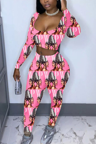 Pink Fashion Casual Adult Print Patchwork Square Collar Long Sleeve Regular Sleeve Short Two Pieces