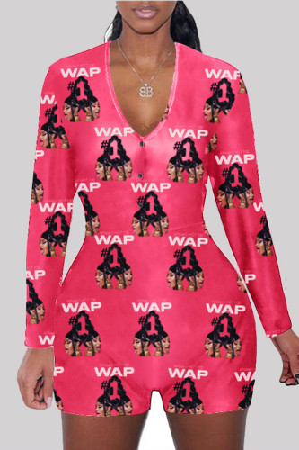 Red Fashion Adult Living Print Letter V Neck Skinny Rompers