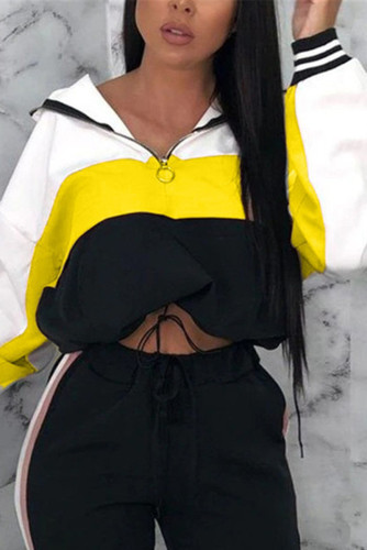 Yellow Sportswear Print Hooded Collar Tops