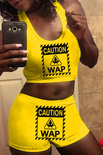 Yellow Casual Sportswear Sleeveless U Neck Tank Short Print Two Pieces