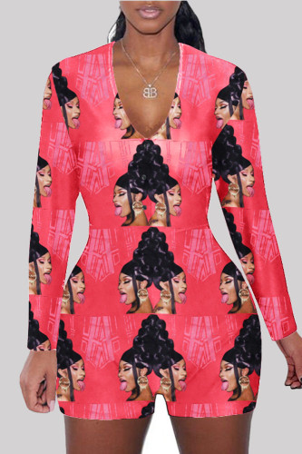 Deep red Fashion Adult Living Print Letter V Neck Skinny Rompers