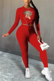 Red Fashion Sexy Adult Print Bandage O Neck Long Sleeve Regular Sleeve Short Two Pieces