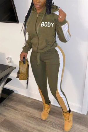 Army Green Fashion Casual Long Sleeve Hooded Collar Regular Sleeve Regular Letter Print Two Pieces