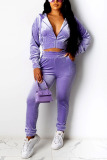 Purple Fashion Casual Hooded Collar Regular Sleeve Short Solid Two Pieces