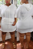 White Fashion Casua Hooded Collar Long Sleeve Regular Sleeve Solid A Line Plus Size Dress