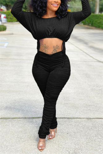 Black Fashion Casual Adult Solid Fold O Neck Long Sleeve Regular Sleeve Short Two Pieces
