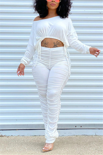 White Fashion Casual Adult Solid Fold O Neck Long Sleeve Regular Sleeve Short Two Pieces