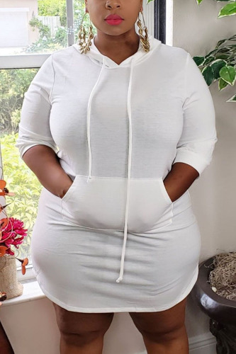 White Fashion Casua Hooded Collar Long Sleeve Regular Sleeve Solid A Line Plus Size Dress