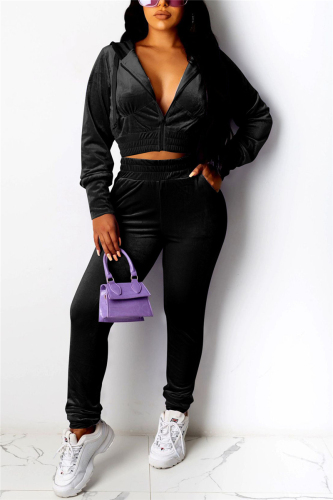 Black Fashion Casual Hooded Collar Regular Sleeve Short Solid Two Pieces