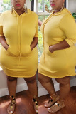Yellow Fashion Casua Hooded Collar Long Sleeve Regular Sleeve Solid A Line Plus Size Dress