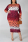 Red Fashion Casual Plus Size O Neck Long Sleeve Regular Sleeve Print Printed Dress