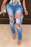 Baby Blue Sexy Solid Ripped High Waist Denim