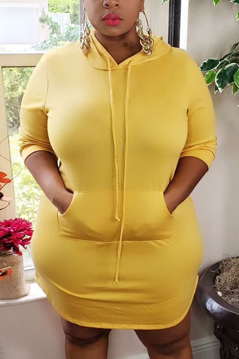 

Yellow Fashion Casua Hooded Collar Long Sleeve Regular Sleeve Solid A Line Plus Size Dress