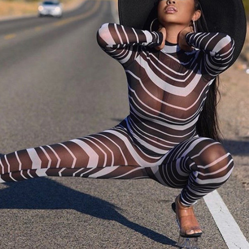 White Fashion Sexy Adult Gauze Striped See-through O Neck Skinny Jumpsuits