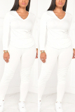 White Fashion Casual Long Sleeve V Neck Regular Sleeve Regular Solid Two Pieces