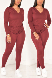 Jujube Red Fashion Casual Long Sleeve V Neck Regular Sleeve Regular Solid Two Pieces
