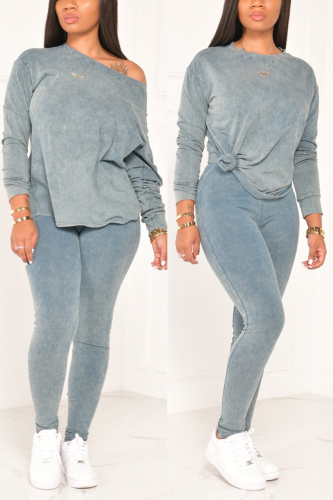 Light Blue Fashion Casual Long Sleeve O Neck Regular Sleeve Regular Solid Two Pieces