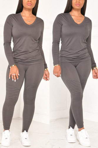 Gray Fashion Casual Long Sleeve V Neck Regular Sleeve Regular Solid Two Pieces