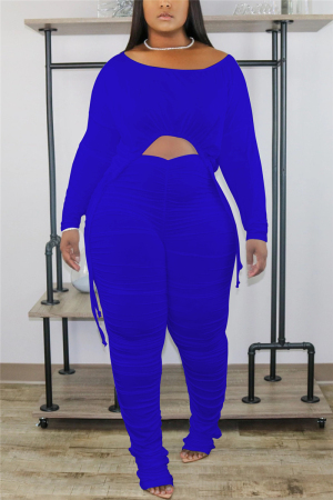 Blue Fashion Casual Patchwork Solid Split Joint Draw String Fold Pullovers Pants O Neck Long Sleeve Regular Sleeve Regular Two Pieces