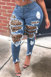 Blue Fashion Street Adult Patchwork Leopard Patchwork Mid Waist Skinny Denim