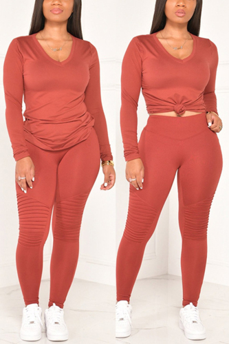 Orange Fashion Casual Long Sleeve V Neck Regular Sleeve Regular Solid Two Pieces