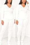 White Fashion Casual Long Sleeve V Neck Regular Sleeve Regular Solid Two Pieces