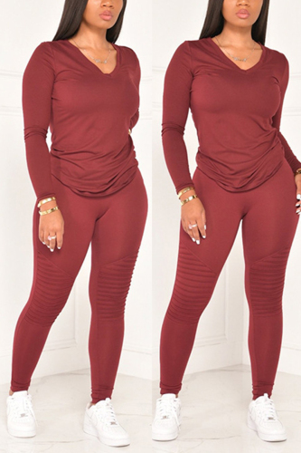 Jujube Red Fashion Casual Long Sleeve V Neck Regular Sleeve Regular Solid Two Pieces