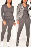 Gray Fashion Casual Long Sleeve V Neck Regular Sleeve Regular Solid Two Pieces