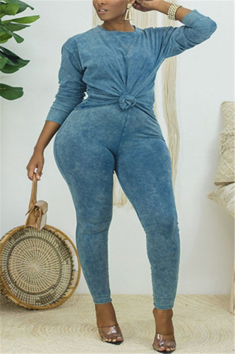 Royal Blue Fashion Casual Long Sleeve O Neck Regular Sleeve Regular Solid Two Pieces