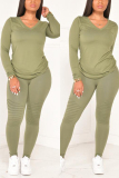 Green Fashion Casual Long Sleeve V Neck Regular Sleeve Regular Solid Two Pieces