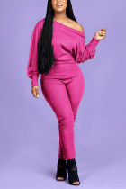 Rose Red Fashion Casual Oblique Collar Long Sleeve Regular Sleeve Solid Plus Size Jumpsuit