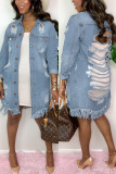 Baby Blue Fashion Casual Adult Solid Ripped Turndown Collar Long Sleeve Straight Denim