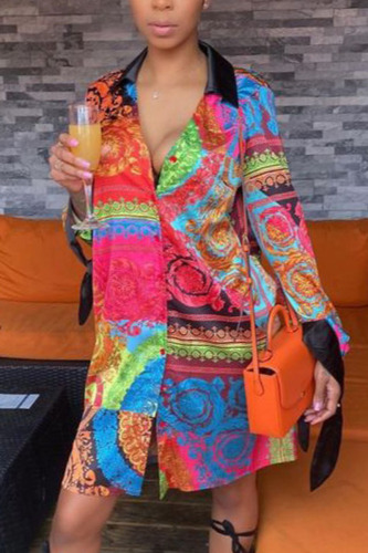 Red British Style Print Turndown Collar Long Sleeve Knee Length Dresses