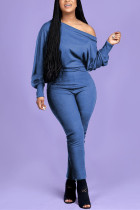Blue Fashion Casual Oblique Collar Long Sleeve Regular Sleeve Solid Plus Size Jumpsuit