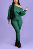 Blue Fashion Casual Oblique Collar Long Sleeve Regular Sleeve Solid Plus Size Jumpsuit