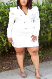 White Fashion Casual V Neck Long Sleeve Regular Sleeve Solid Plus Size Dress