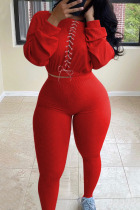 Red Casual Sportswear Long Sleeve O Neck Regular Sleeve Short Solid Two Pieces
