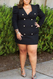 Black Fashion Casual V Neck Long Sleeve Regular Sleeve Solid Plus Size Dress