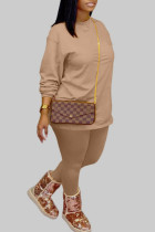 Khaki Fashion Casual O Neck Long Sleeve Regular Sleeve Solid Plus Size Set